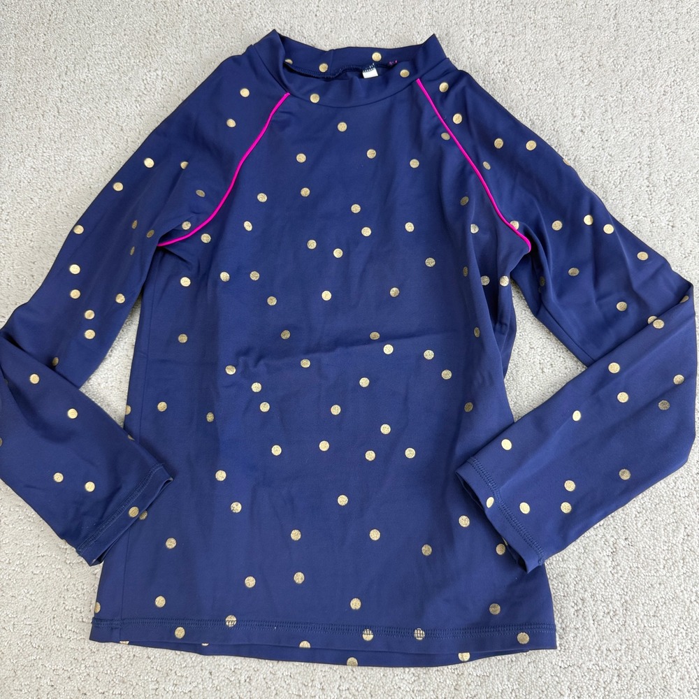 Boden Rash Guard Girls 9-10Y Navy Blue Gold Polka Dot UPF 40+ Long Sleeve Swim